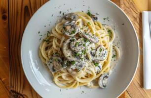 A Plate of Creamy Mushroom Spaghetti With Basil and Parmesan photo