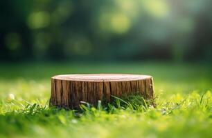 A Close-Up View of a Tree Stump in a Lush Green Grass Field photo