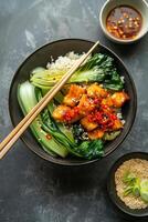 Black Bowl of Rice With Bok Choy, Spicy Sauce, and Sesame Seeds photo