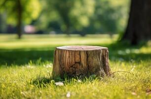 A Close-Up View of a Tree Stump in a Lush Green Grass Field photo