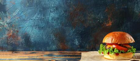 Close Up of a Cheeseburger on a Wooden Table With Blue Background photo