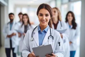 Smiling Female Nurse Leading Group of Medical Professionals Down Hospital Corridor photo