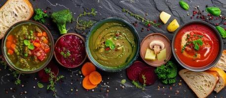 Colorful Creamy Soups With Fresh Herbs and Bread on Black Slate photo