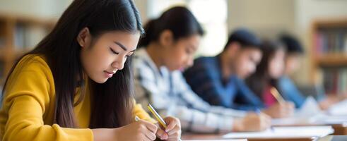 Young Woman Taking Notes in a Classroom During a Daytime Lecture photo