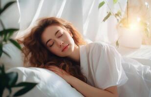 Woman Sleeping in Bed With White Bedding and Sheer Curtains photo