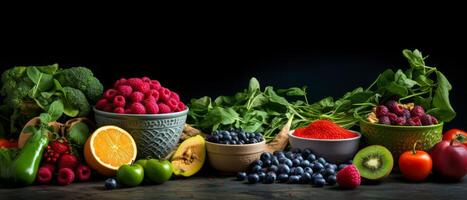 Fresh Produce Arrangement With Raspberries, Blueberries, and Greens on a Black Background photo