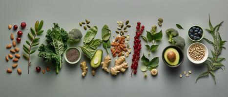 Assortment of Fresh and Dried Healthy Foods on a Gray Surface photo