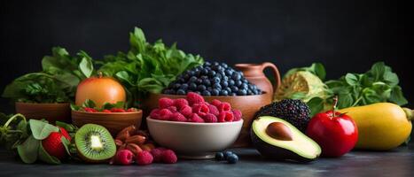 Fresh Produce Arrangement With Raspberries, Blueberries, and Greens on a Black Background photo