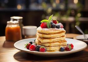 Fluffy Buttermilk Pancakes With Fresh Berries and Syrup photo