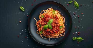Overhead View of Spaghetti With Bolognese Sauce and Basil on a Black Plate photo