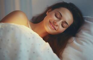 Woman Sleeping On White Pillow In Bed photo