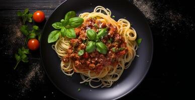 Overhead View of Spaghetti With Bolognese Sauce and Basil on a Black Plate photo