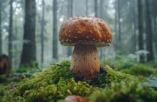 Large Red And White Mushroom Growing In A Forest Clearing photo