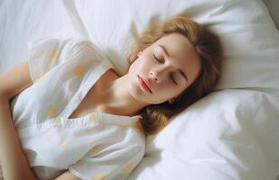 Woman Sleeping in Bed With White Bedding and Sheer Curtains photo