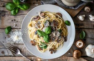A Plate of Creamy Mushroom Spaghetti With Basil and Parmesan photo