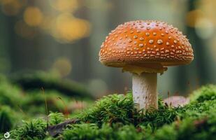 Single Brown Mushroom Growing on Moss in Autumn Forest photo