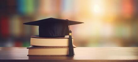 Graduation Cap and Books on Wooden Table With Blurred Background photo