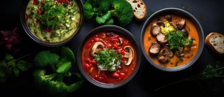 Three Different Bowls of Soup With Fresh Herbs and Bread on a Black Background photo