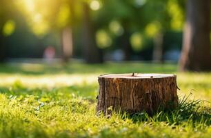 A Close-Up View of a Tree Stump in a Lush Green Grass Field photo