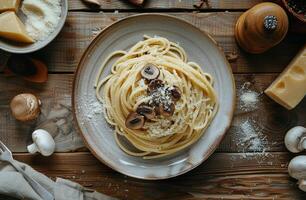 Close Up of Spaghetti With Mushrooms and Parmesan Cheese on Gray Plate photo