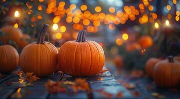 Three Pumpkins On A Wooden Table With Fall Leaves and String Lights photo