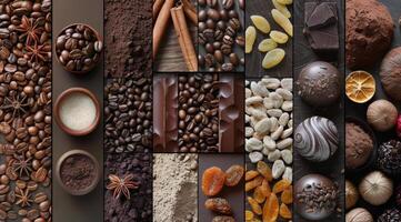 Collage of Coffee Beans, Chocolate, Cocoa Powder, and Citrus Fruits photo