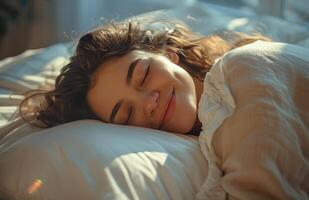 Woman Sleeping Peacefully in Bed With Sunlight photo