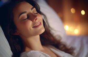 Woman Sleeping On White Pillow In Bed photo