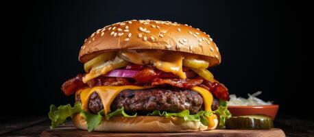 Close Up Of A Double Cheeseburger With Bacon And Melted Cheese On A Wooden Cutting Board photo