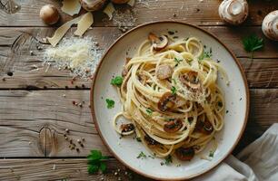 Close Up of Spaghetti With Mushrooms and Parmesan Cheese on Gray Plate photo