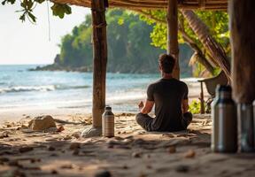 Man Meditating On Beach Under Tropical Shelter photo