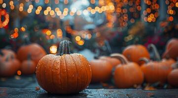 Single Pumpkin in the Rain on a Fall Evening With String Lights photo