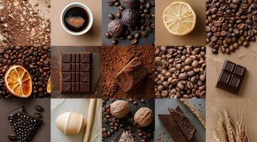 Collage of Coffee Beans, Chocolate, Cocoa Powder, and Citrus Fruits photo