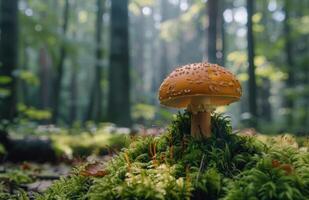 Single Brown Mushroom Growing on Moss in Autumn Forest photo