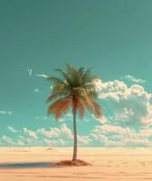 Lone Palm Tree on a Sandy Beach Under a Blue Sky photo