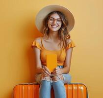 Woman in Straw Hat Sitting on a Suitcase, Ready for Travel photo