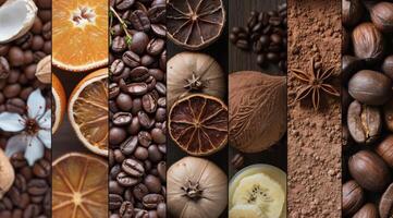 Collage of Coffee Beans, Chocolate, Cocoa Powder, and Citrus Fruits photo