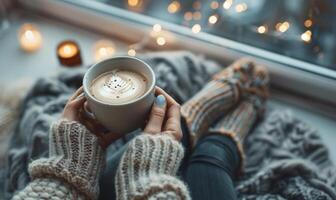 mujer disfrutando un calentar bebida por un ventana en un acogedor invierno día foto