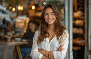 sonriente mujer vistiendo delantal soportes fuera de café tienda foto