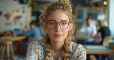 Young Woman With Blonde Braids Wearing Glasses in an Office Setting photo
