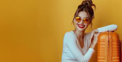 sonriente mujer en amarillo Gafas de sol se inclina en naranja maleta en contra un amarillo antecedentes foto