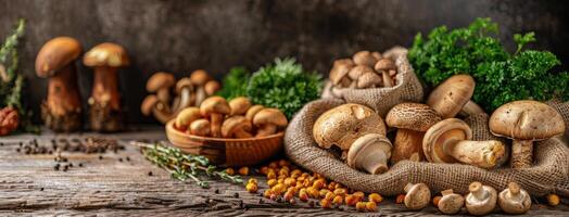 Fresh Brown Mushrooms on a Rustic Wooden Table With Burlap and Herbs photo