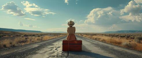 Woman Sitting on Suitcase on Open Road Under Blue Sky photo