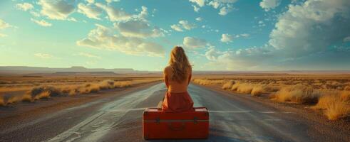 Woman Sitting on Suitcase on Open Road Under Blue Sky photo
