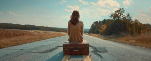 Woman Sitting on Suitcase on Open Road Under Blue Sky photo