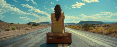 Woman Sitting on Suitcase on Open Road Under Blue Sky photo