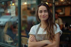 Smiling Woman Wearing Apron Stands Outside Coffee Shop photo