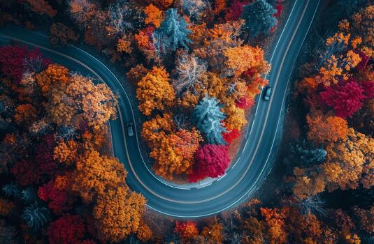 Aerial View of a Winding Road Through a Forest With Autumn Foliage photo