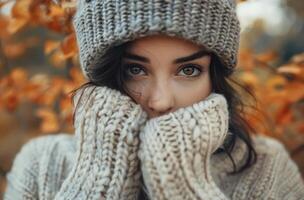 Woman Wearing Knitted Hat and Sweater in Fall photo