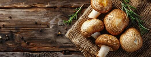 Large Brown Mushrooms in Burlap Sack on Wooden Table photo